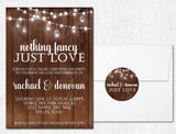 Rustic wedding invitation featuring wood background and glowing string lights