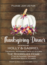 Rustic wood background Thanksgiving invitation with white floral pumpkin