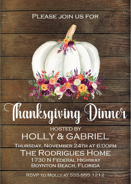 Rustic wood background Thanksgiving invitation with white floral pumpkin