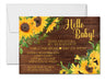 Rustic wood sunflower sip and see invitation with yellow floral artwork