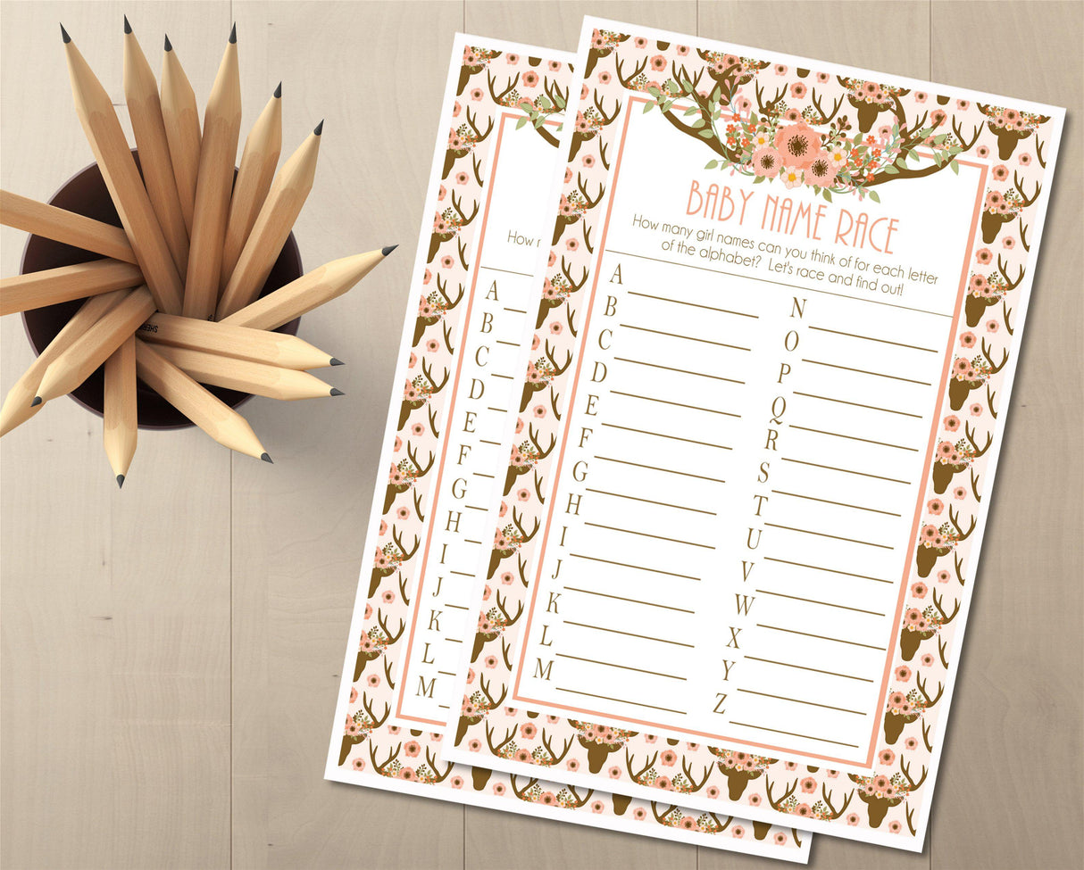Rustic woodland baby name race printable sheet