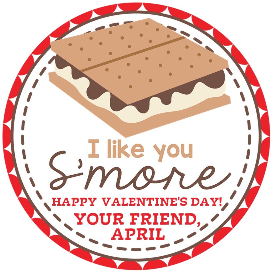 I Like You S’More Valentine Stickers – Personalized Kids Classroom Favor Labels