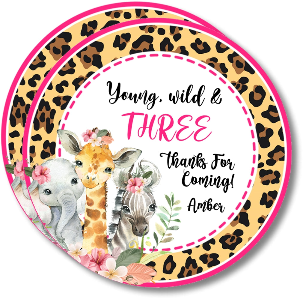 Young, Wild & Three Safari Birthday Party Stickers