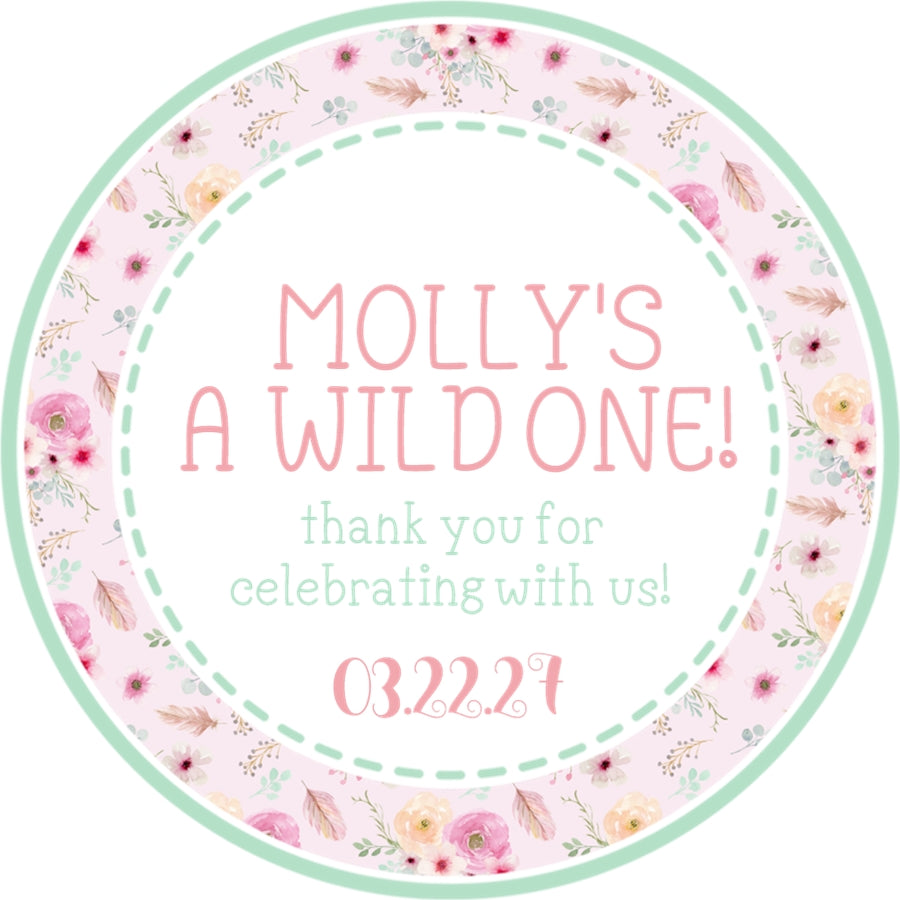 Sage floral wild one sticker with boho flowers and personalized name and date