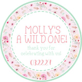 Sage floral wild one sticker with boho flowers and personalized name and date