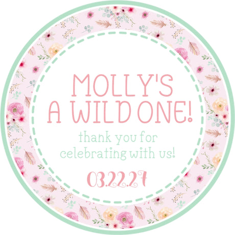 Sage floral wild one sticker with boho flowers and personalized name and date