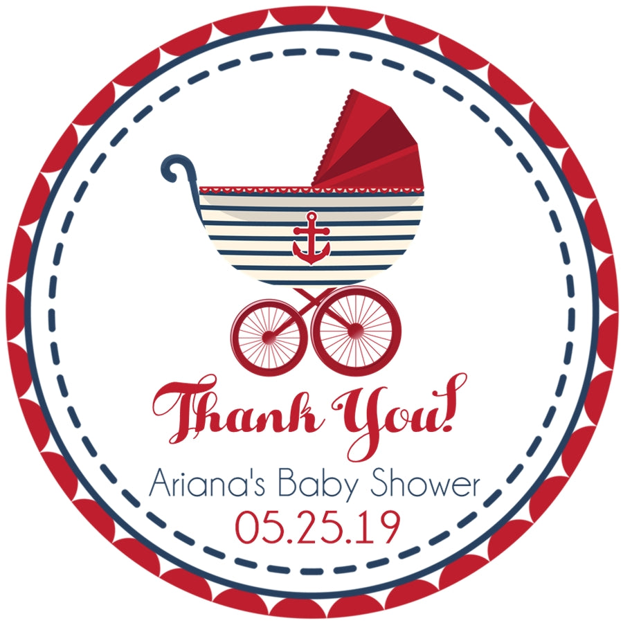 Sailor baby shower favor label with striped carriage and anchor