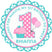 Scalloped border cupcake birthday sticker with pink turquoise design and custom name