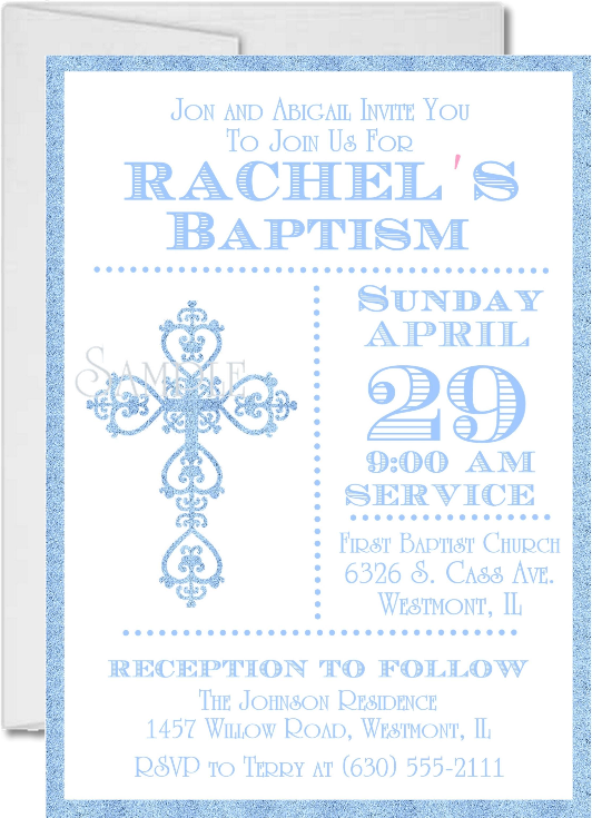 Classic Cross Baptism Invitations in Silver Gold Lavender Pink and Blue