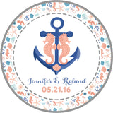 Seahorse wedding favor label customized with couple names and wedding date