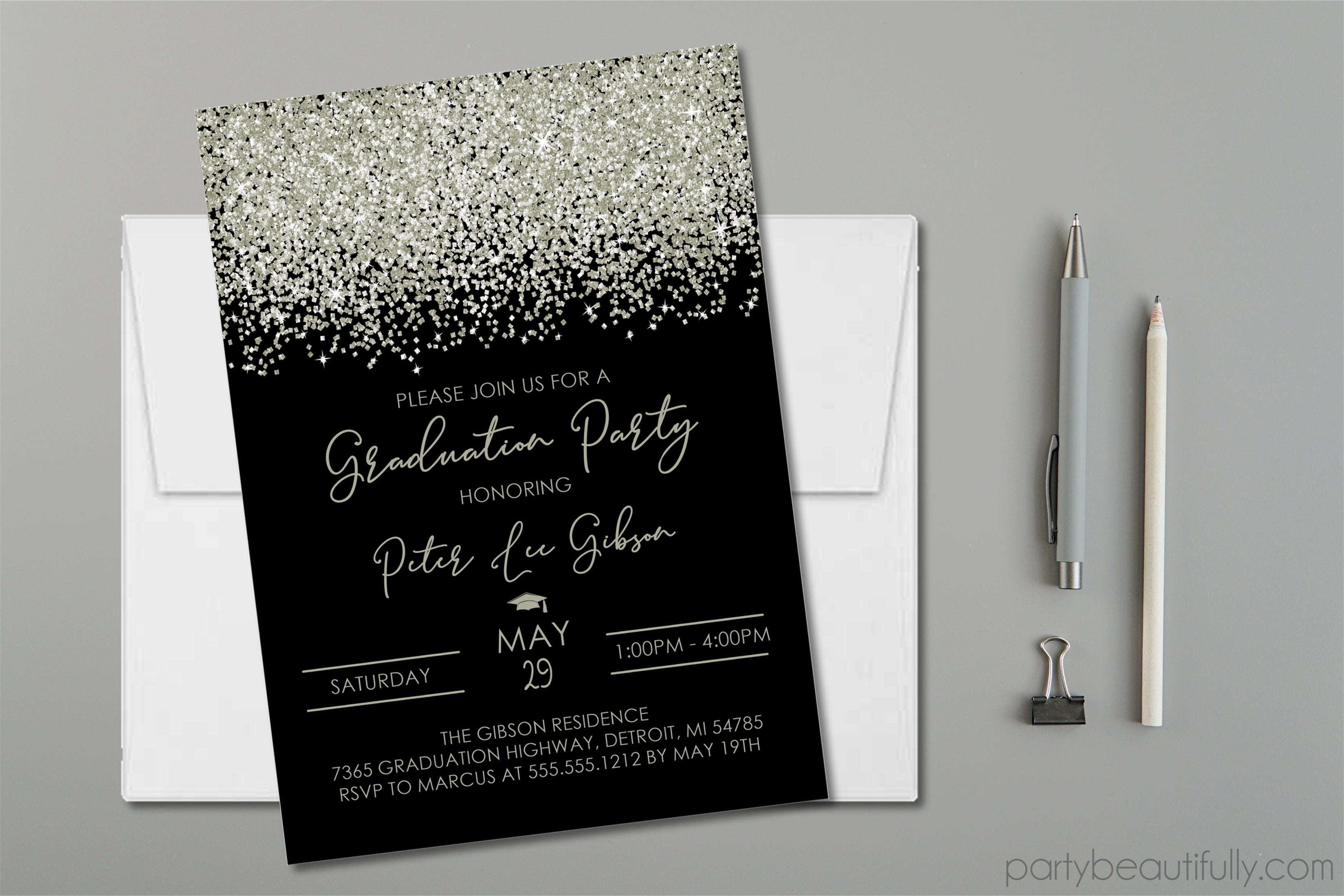 Silver And Black Graduation Party Invitations