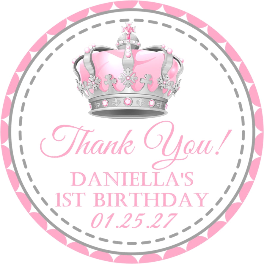 Silver crown birthday party sticker in custom color