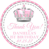 Silver crown birthday party sticker in custom color