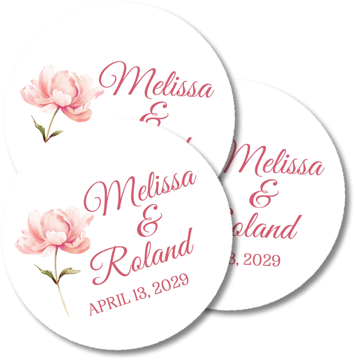 Simple wedding favor sticker with pink floral accent
