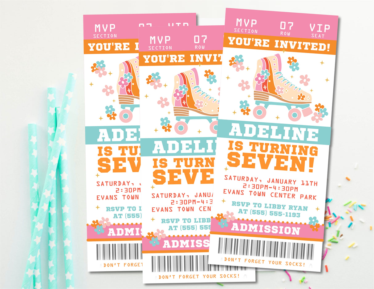 Skate rink birthday invitation with roller skate artwork and ticket style layout