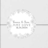 Snowflake wedding favor label with gray winter design