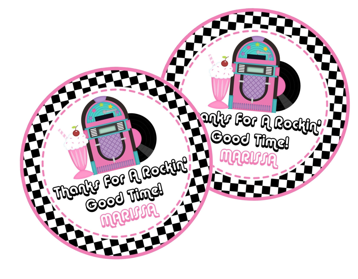 Sock hop party favor sticker with jukebox design in pink and teal