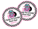 Sock hop party favor sticker with jukebox design in pink and teal