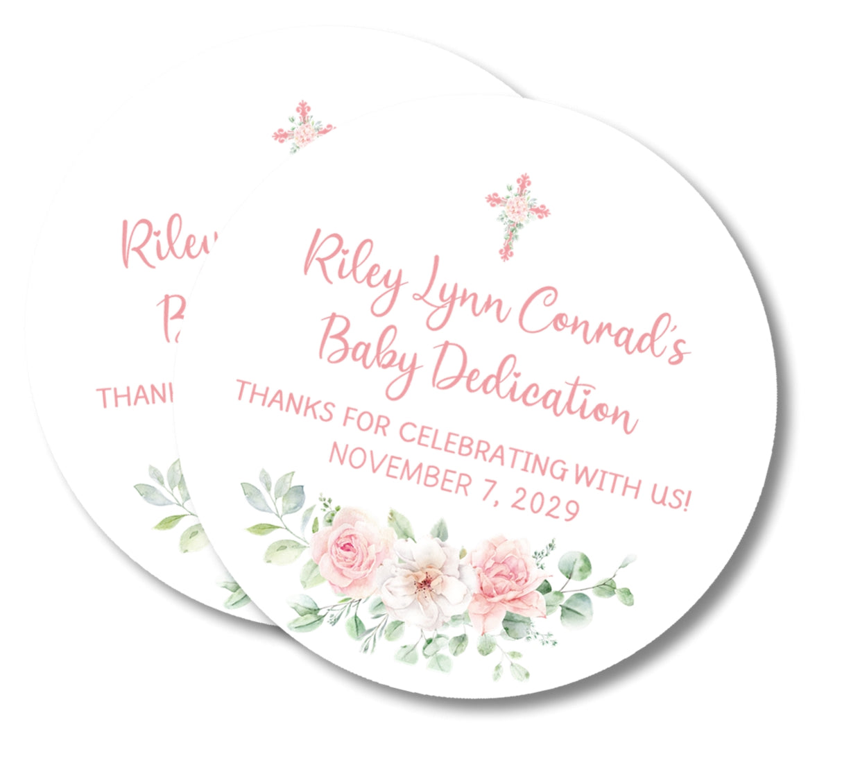 Soft pink floral religious baby dedication label