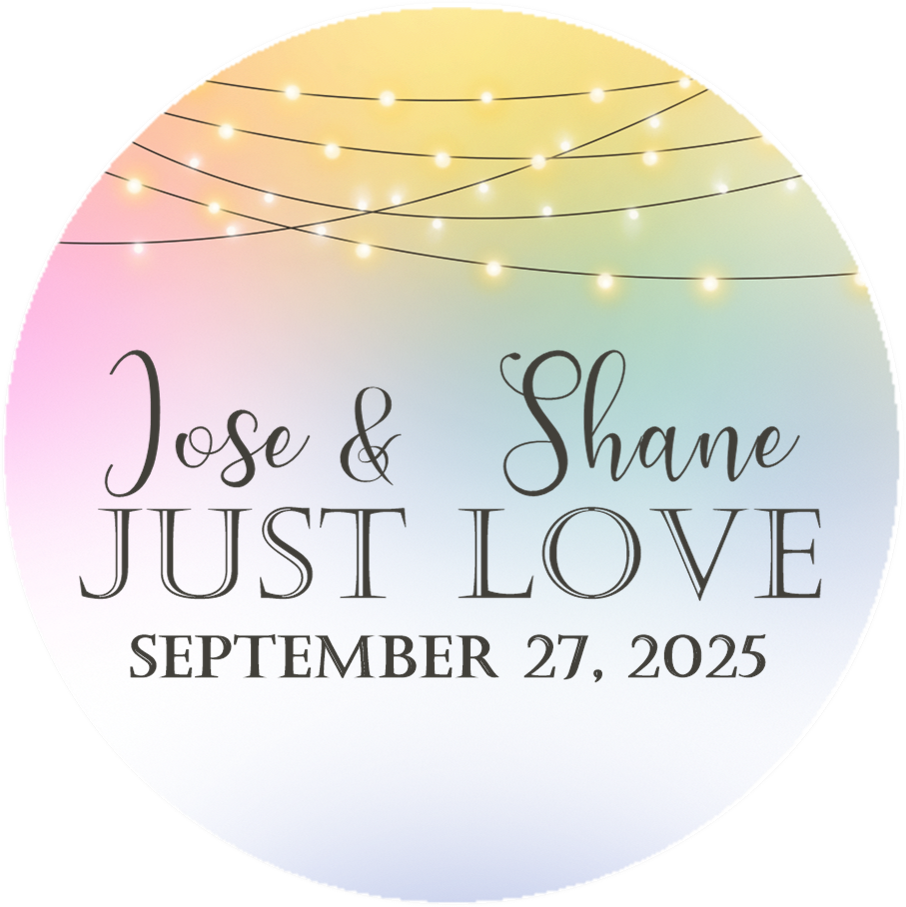 Soft rainbow wedding favor sticker with just love text