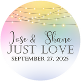 Soft rainbow wedding favor sticker with just love text