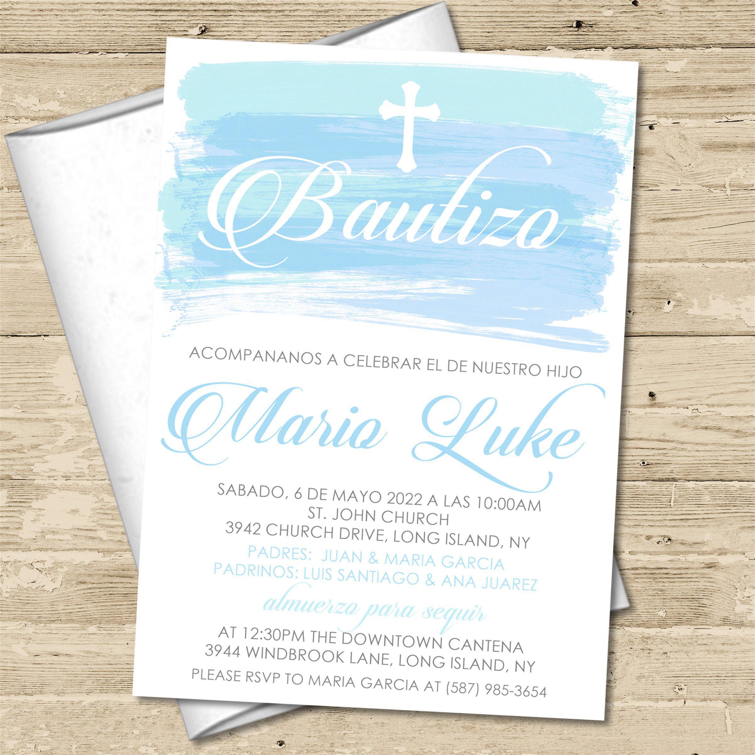 Spanish Blue Watercolor Baptism Invitations