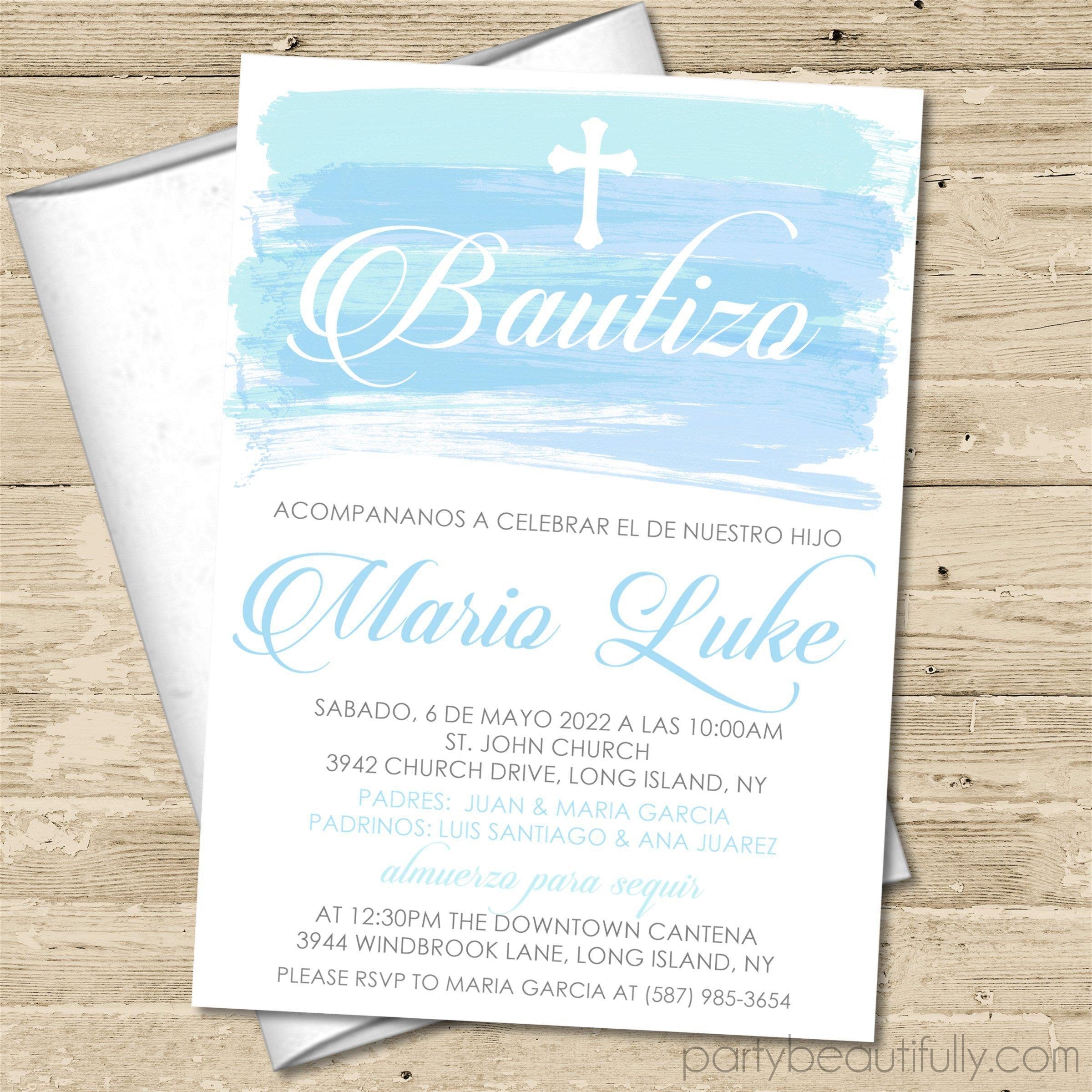 Spanish Blue Watercolor Baptism Invitations