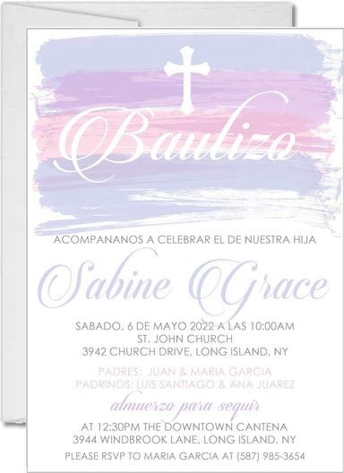 Spanish Pink And Lavender Watercolor Baptism Invitations