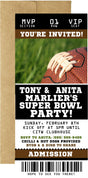 Super Bowl party invitation featuring a football and football field artwork