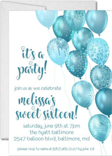 Turquoise Balloon Sweet 16 Party Invitations