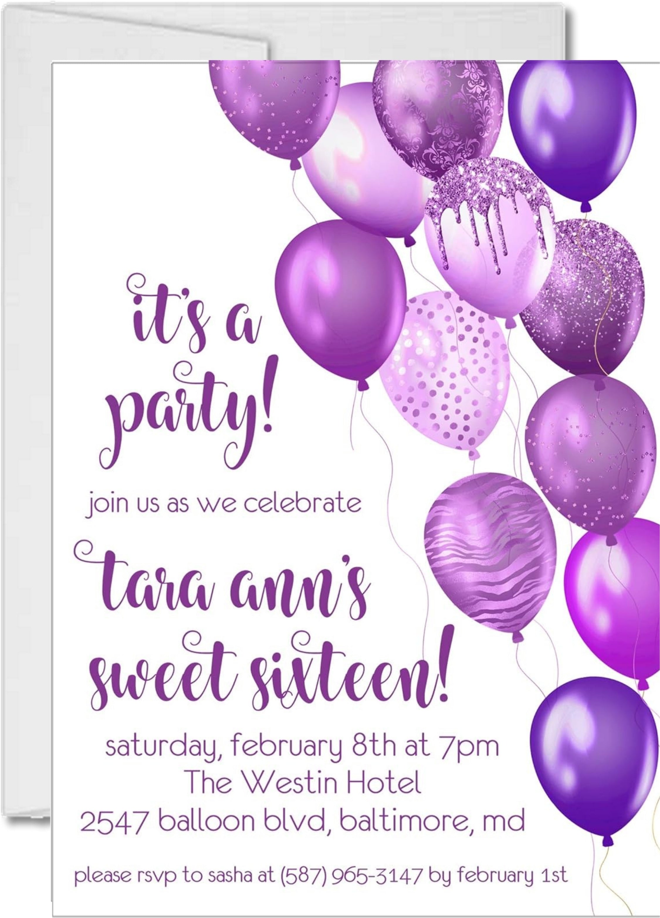 Purple Balloon Sweet 16 Party Invitations