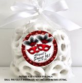 Sweet 16 red and black masquerade favor label with custom name