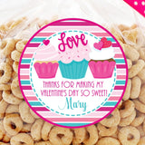 Sweet cupcake Valentine sticker with striped pink background
