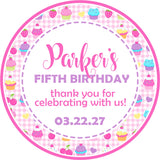 Sweet treat party sticker with cupcakes and soft pastel colors