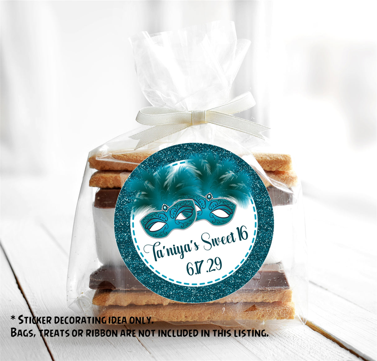 Teal Quinceañera masquerade sticker with feathers