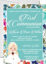 Teal wildflower first holy communion invitation for girls