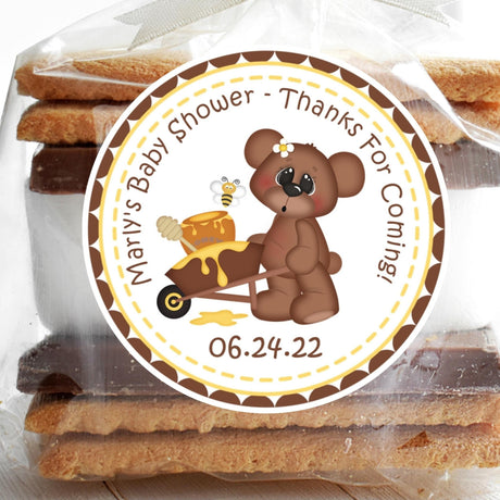 Teddy bear with honey pot baby shower sticker