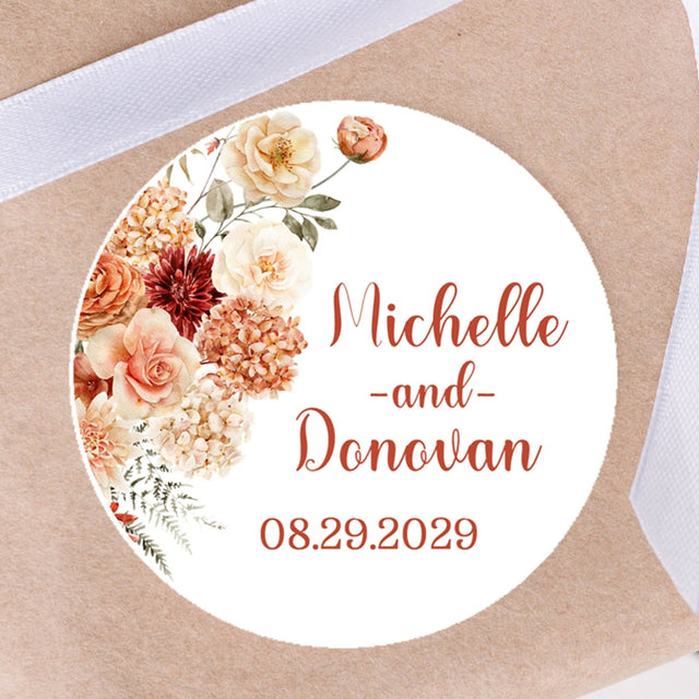 Terracotta floral wedding sticker with rust flowers and personalized names