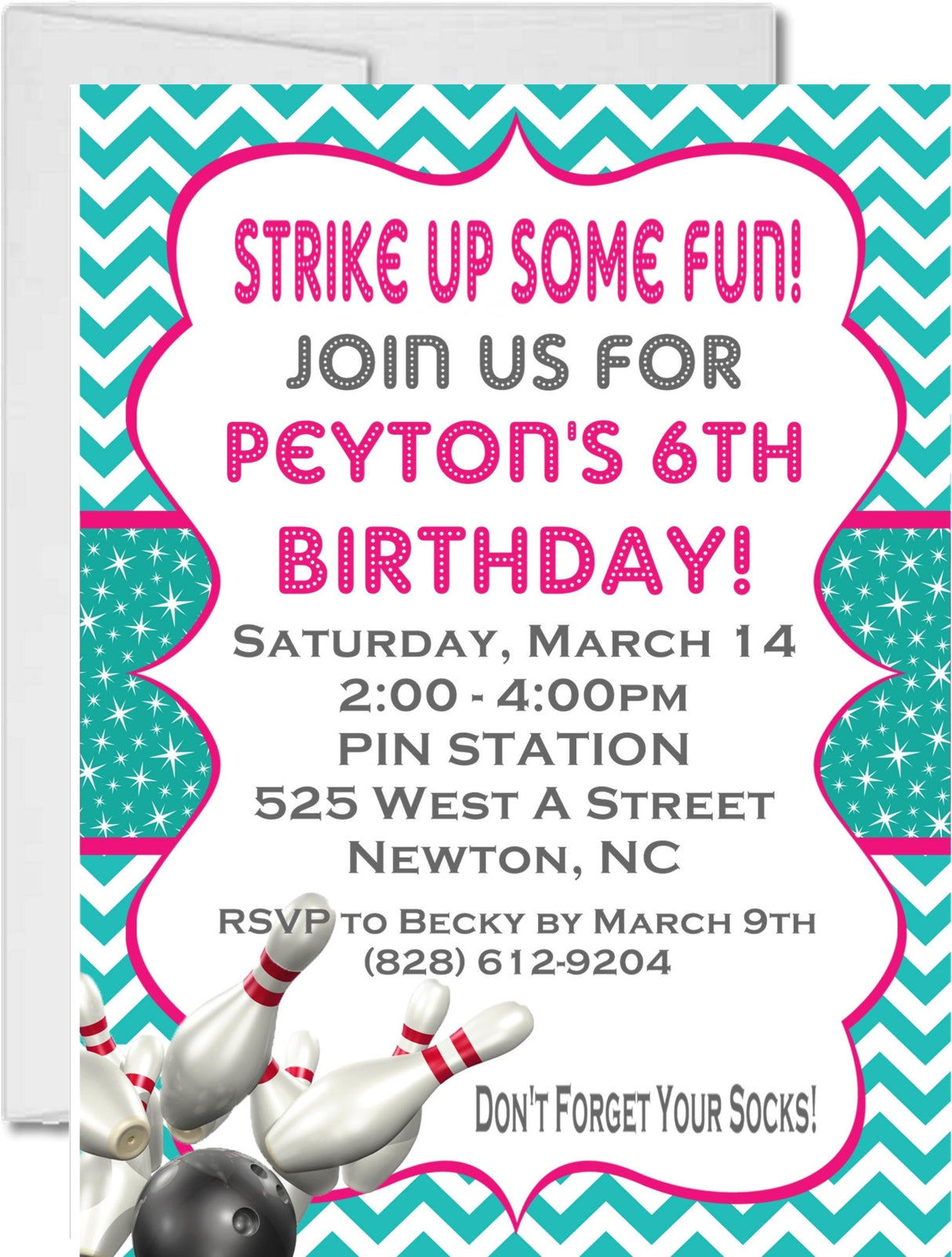 girls pink aqua bowling birthday party invitations bowling pin design
