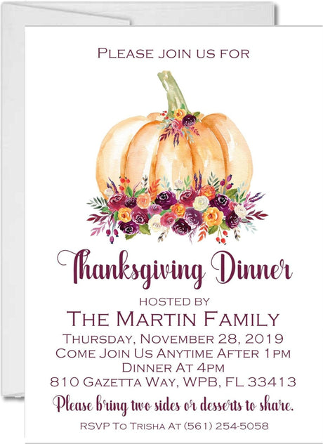 Thanksgiving dinner invitation with orange floral pumpkin