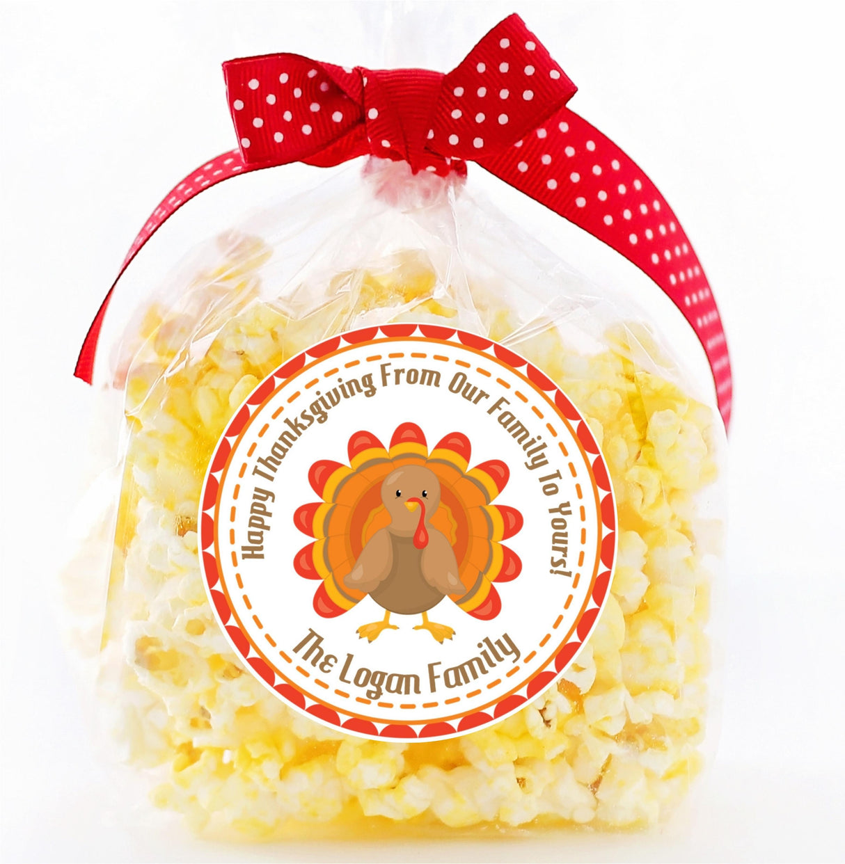 Thanksgiving favor label with turkey illustration and seasonal wording