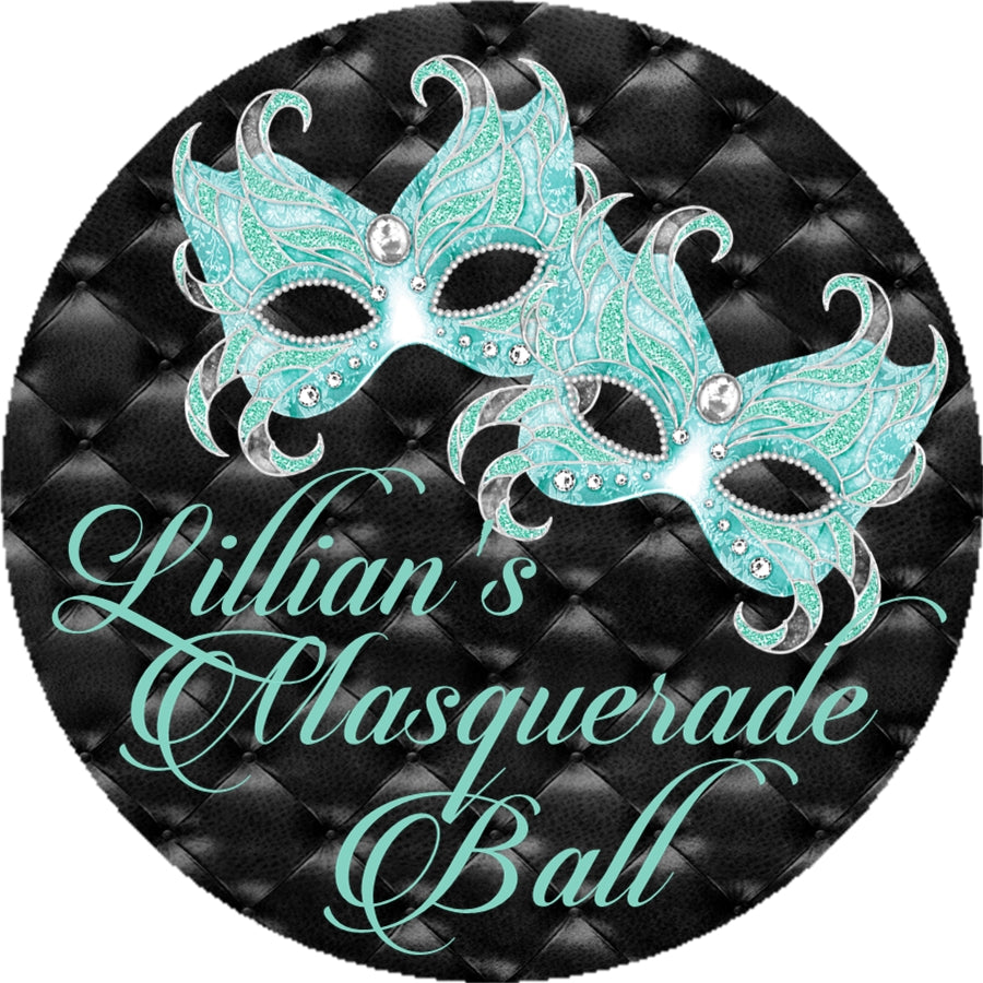 Tiffany aqua black masquerade ball party sticker favor labels