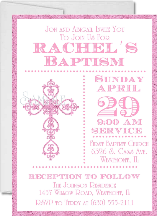 Traditional pink baptism invitation with ornamental cross
