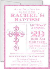 Traditional pink baptism invitation with ornamental cross

