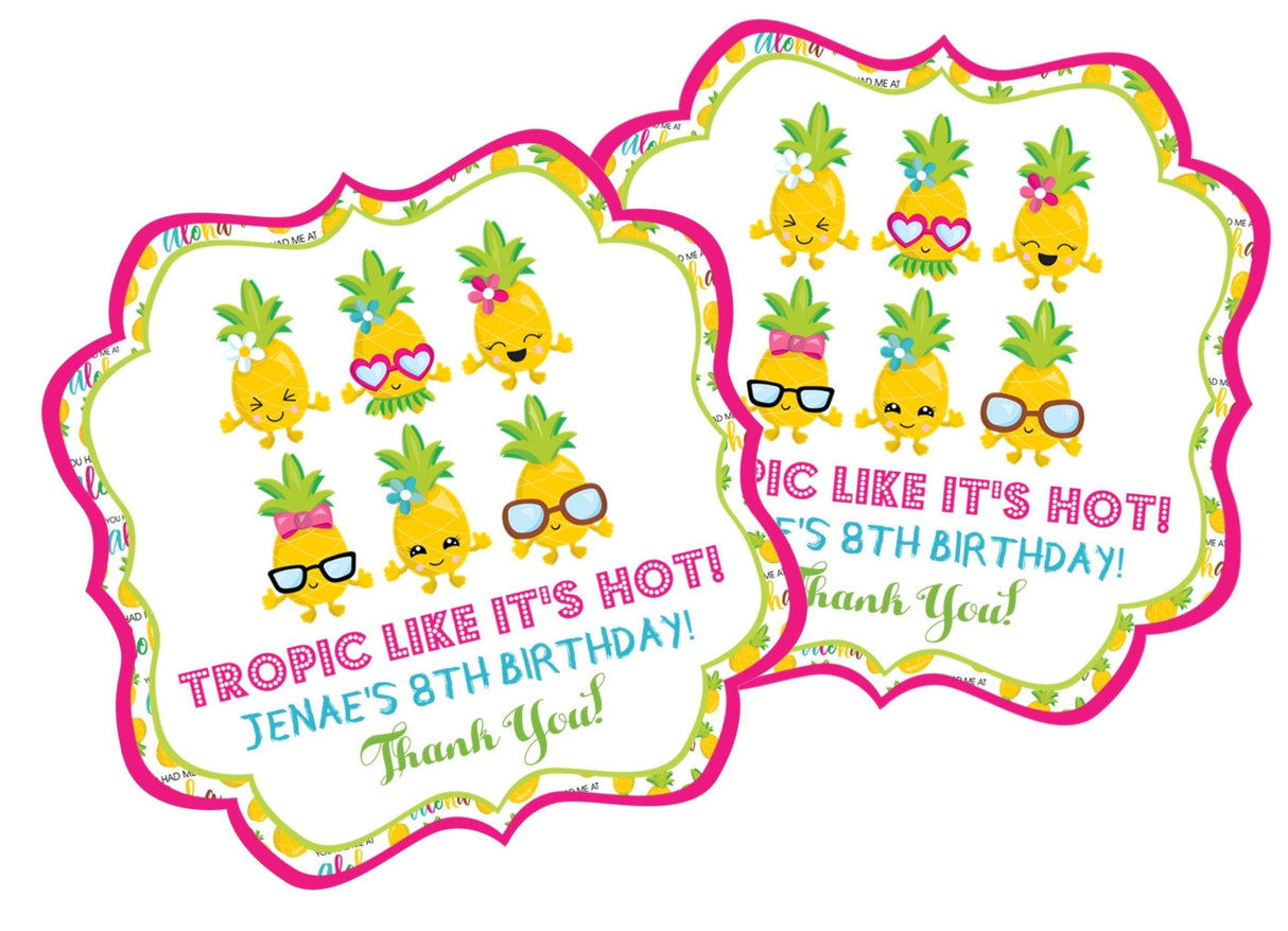 Tropic Like It’s Hot themed pineapple favor labels for kids’ celebrations