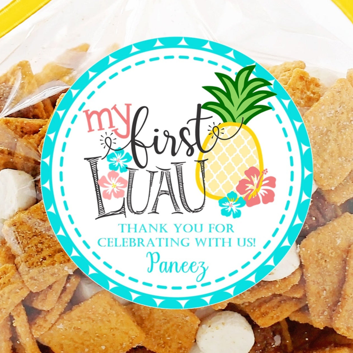 Tropical My First Luau birthday sticker with pineapple and hibiscus flowers