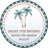 Tropical coastal party favor label with palm trees