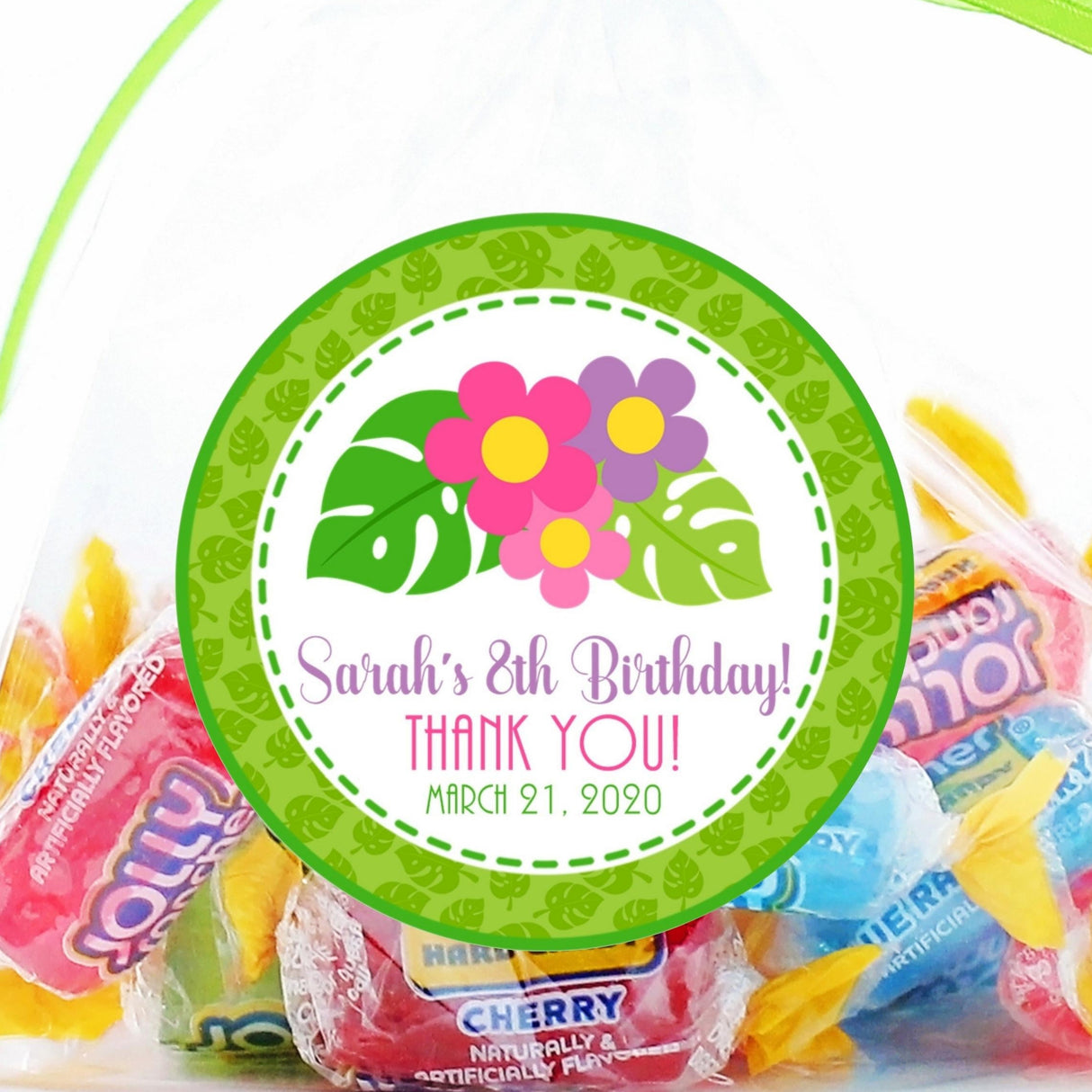 Tropical hibiscus birthday sticker with pink and yellow flowers