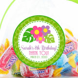 Tropical hibiscus birthday sticker with pink and yellow flowers
