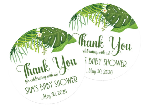 Tropical leaf thank you baby shower sticker with monstera and palm leaves